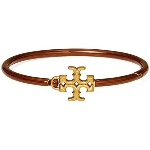 NWT Tory Burch Kira Brown Enamel, Gold Logo  Hinged Cuff Bracelet - Picture 1 of 4